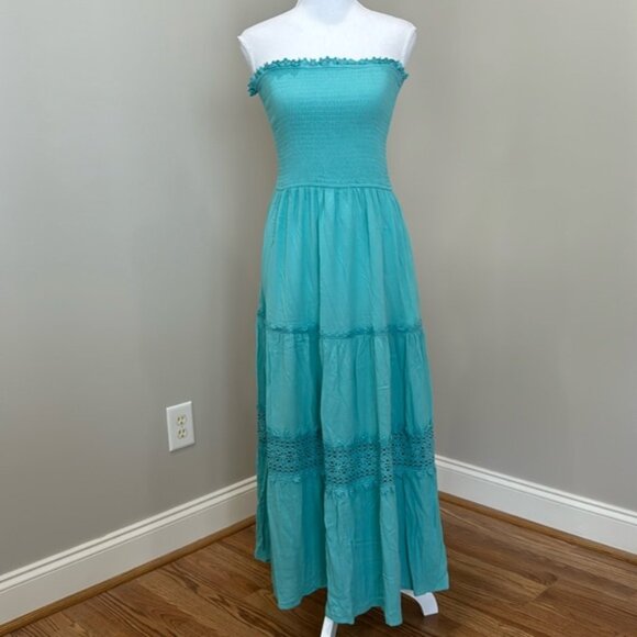 Light Turqouise Blue Strapless Maxi Dress with Smocked Bodice and Full Skirt - Picture 1 of 10